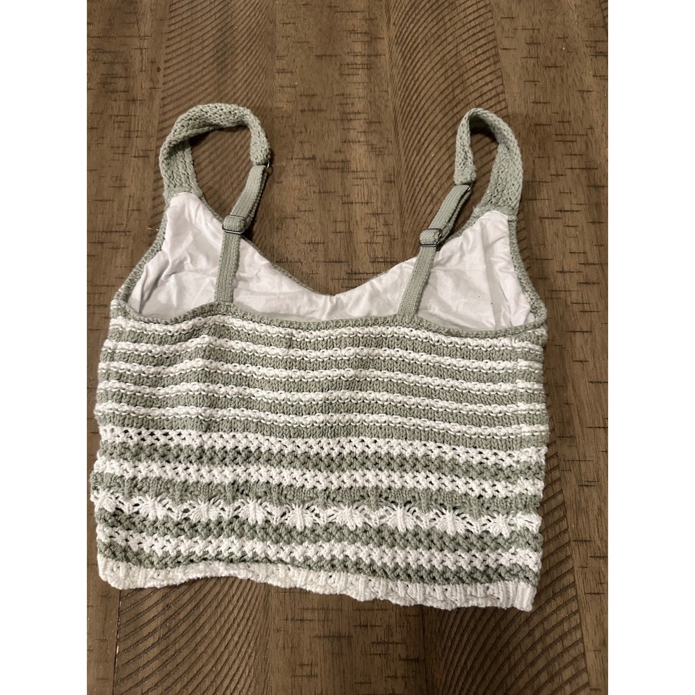 Hollister Sage Green Crochet Knit Striped Crop Top Size S Boho Festival Cami - Picture 2 of 4